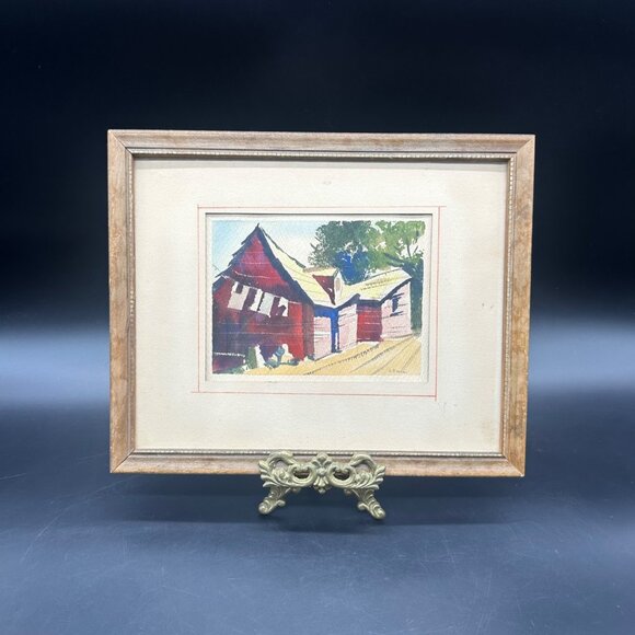 Vintage Watercolor Painting Wooden Frame Red Barn Laundry Signed Wall Hanging - Picture 1 of 10